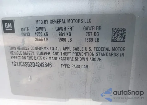 2013 Chevrolet Sonic Lt Auto z USA, uszkodzony, nr VIN 1G1JC6SG3D4242846